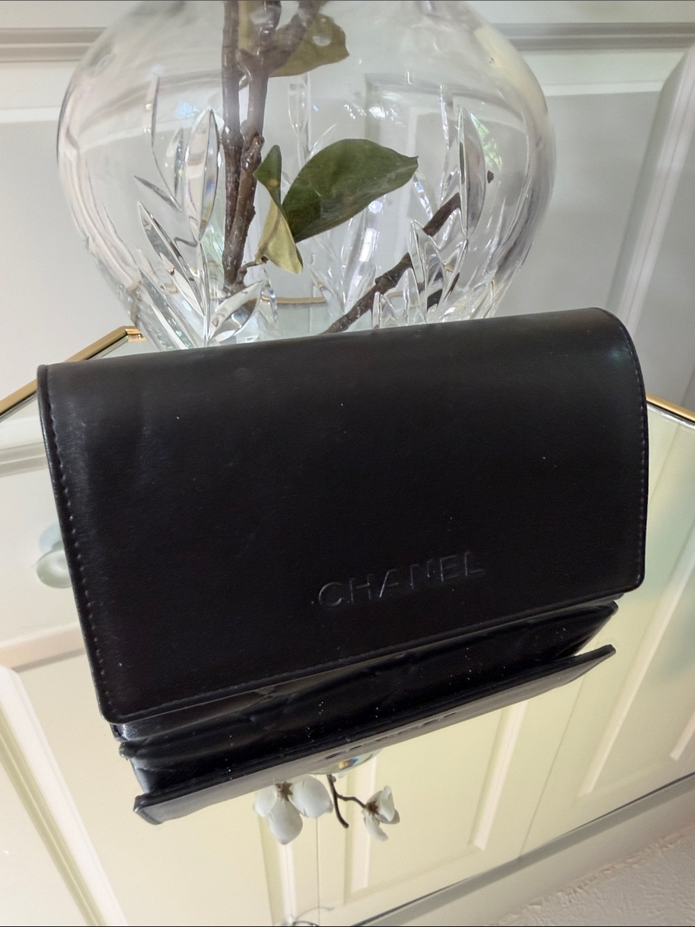 CHANEL quilted lambskin Black Leather Italy sunglasses case with Embossed Logo